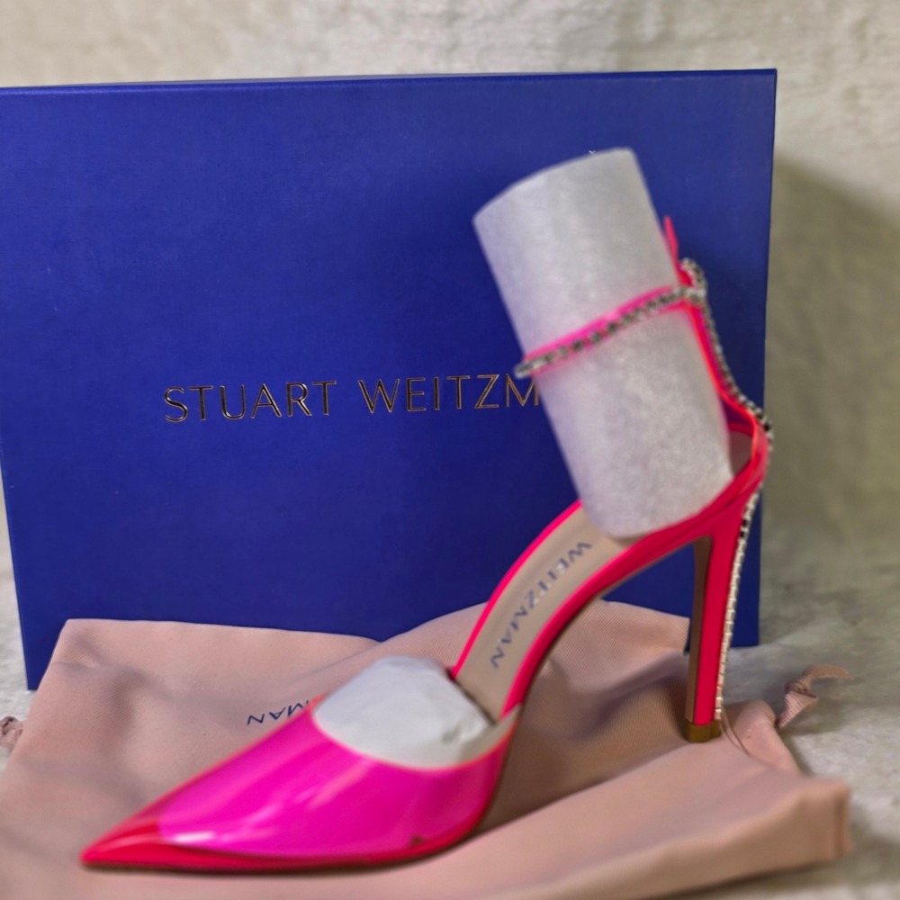 Stuart Weitzman Glam 100 Rhinestone Strap Heels Hot Pink Pumps Women 8.5 New